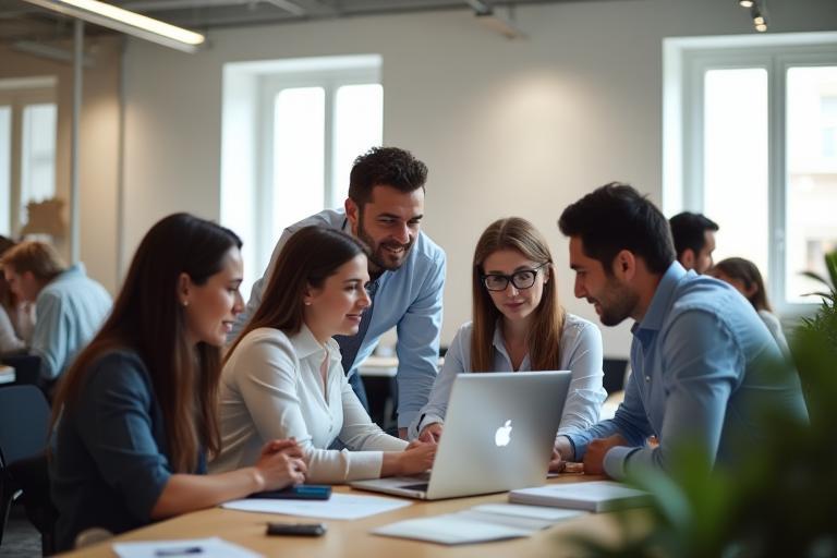 Photo of the Italia Rete Soluzioni team collaborating in a modern office environment